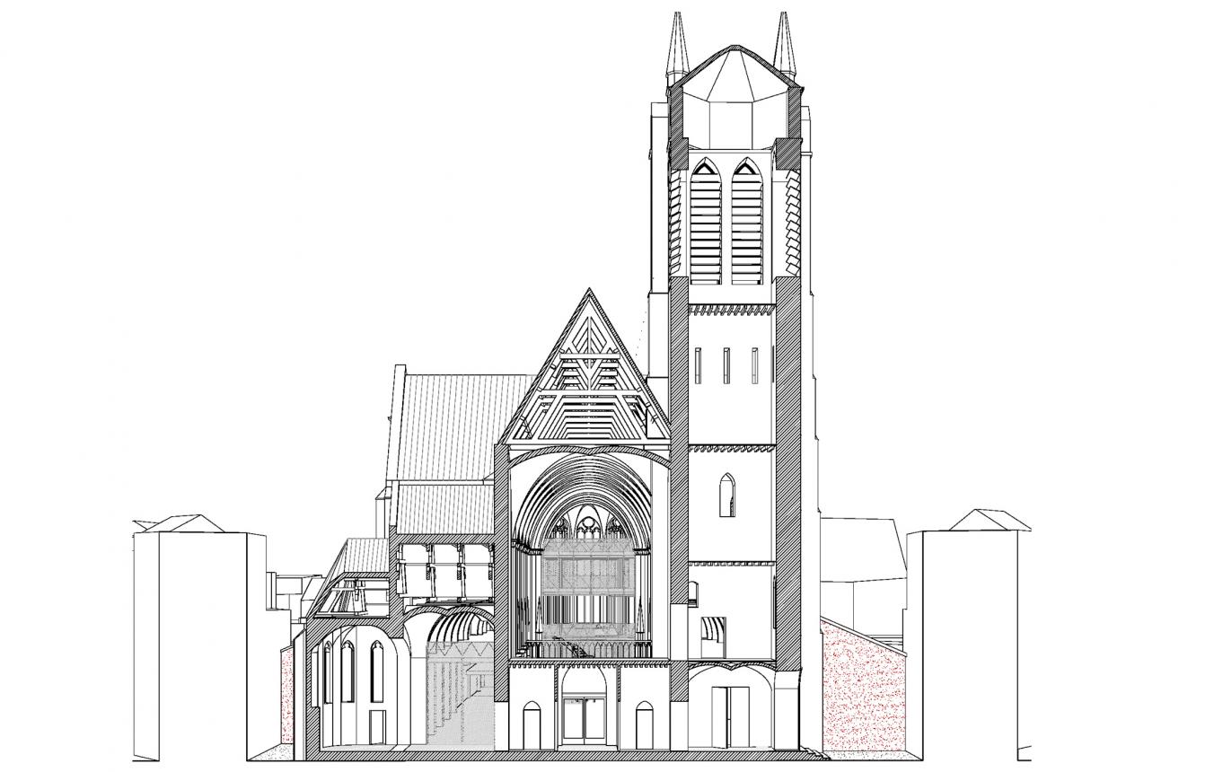Visiebeeld voor de herbestemming van de Sint-Hubertuskerk in Berchem tot het nieuwe archief- en cultuurhuis ‘Hubert’ van het Vlaams Architectuurinstituut
