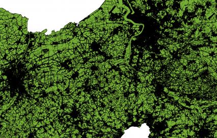 Kaart van het ruimtebeslag (landoppervlakte zonder landbouw, water en natuur) in de Vlaamse Ruit