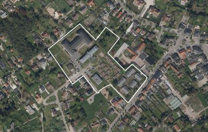 Luchtfoto masterplan site Priesterage Sint-Martens-Latem