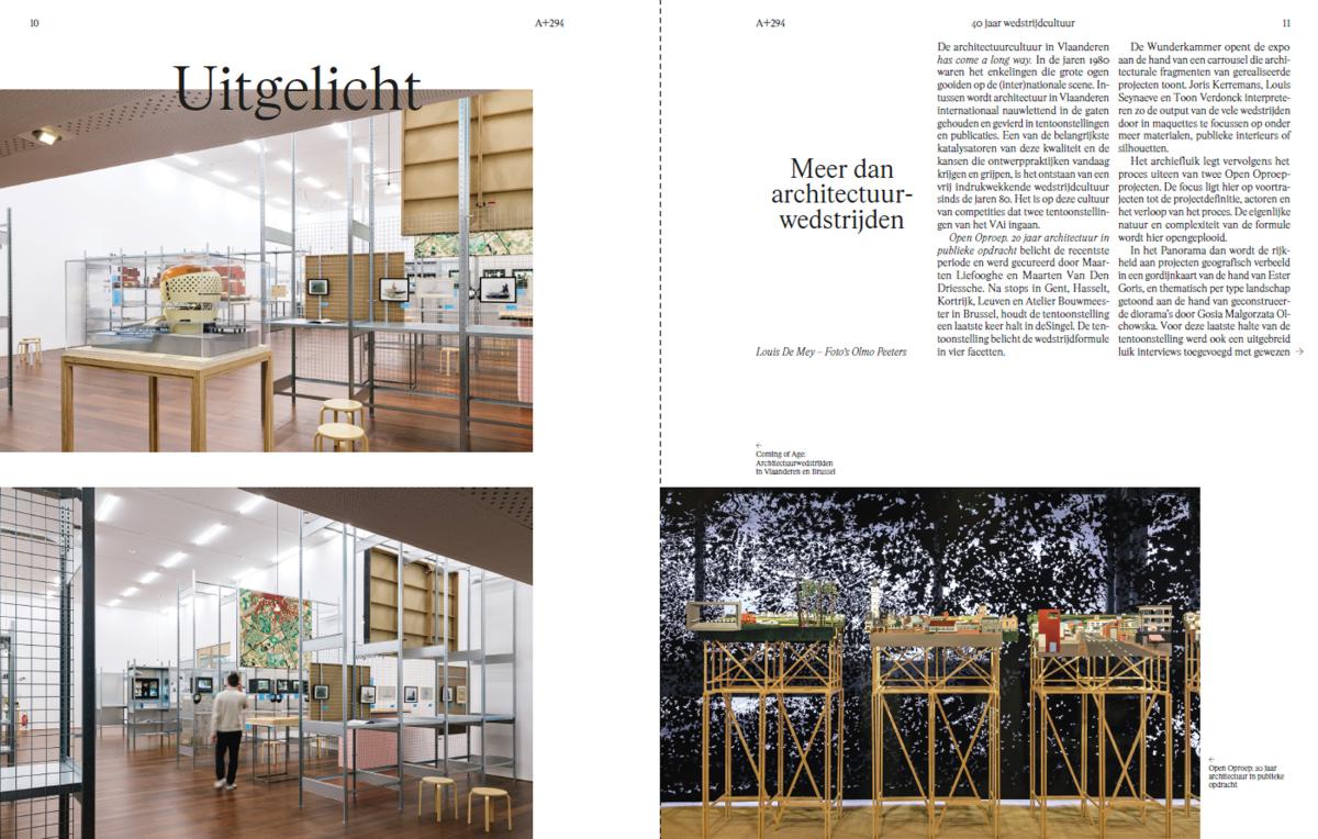 Spread artikel A+294 Tentoonstelling ‘Open Oproep. 20 jaar architectuur in publieke opdracht’ in De Singel in Antwerpen 